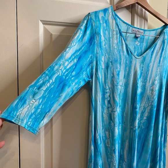 WindiRiver, Small, Aqua and White, Tunic stretch high low, Slits on sleeves - Picture 3 of 8